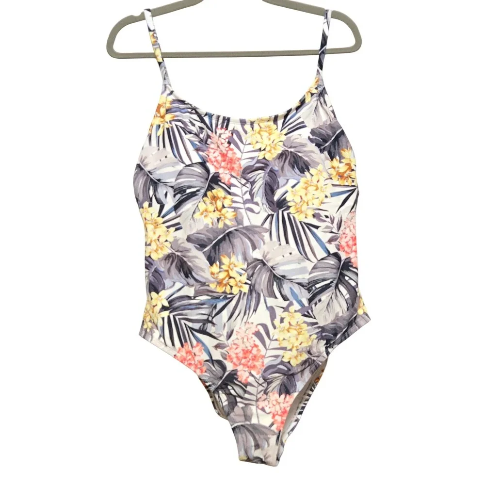 Hurley Women's Tropical Floral One‎ Piece Swimsuit Strappy Back White XXL